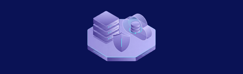 Abstract illustration of a shield, server stacks, and network nodes on a hexagonal platform, symbolizing cybersecurity and data protection.