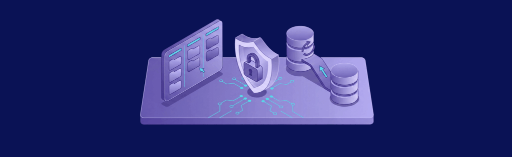Digital security concept with shield, database servers, and circuit board on a purple platform, symbolizing data protection.