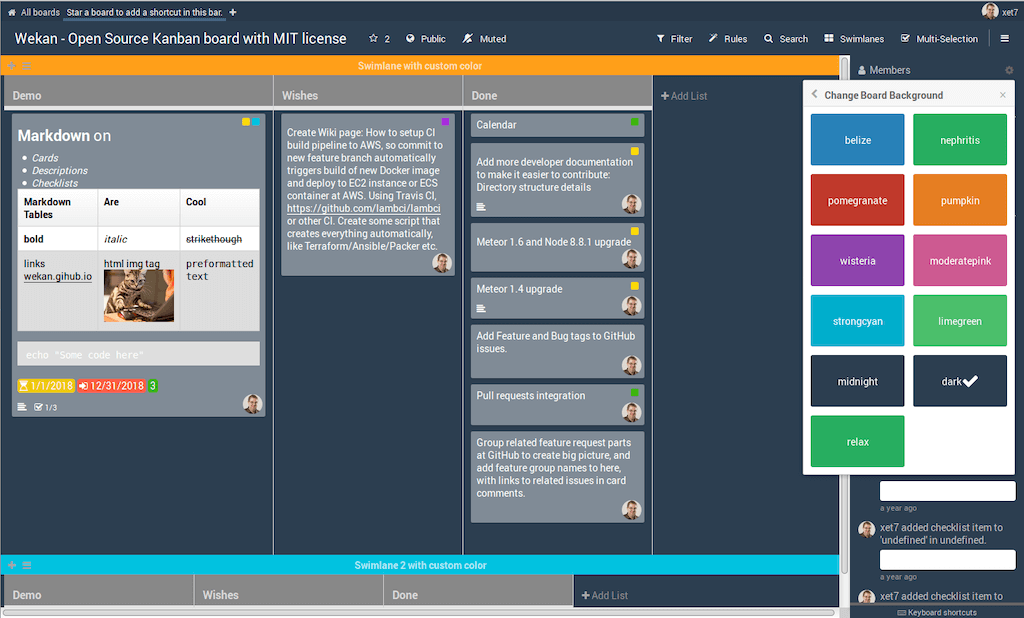 Kanban board interface with markdown examples, task lists, and color options. Text includes setup instructions and GitHub link.