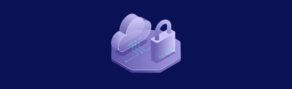 3D illustration of a cloud and padlock on a hexagonal platform, symbolizing cloud security, against a dark blue background.