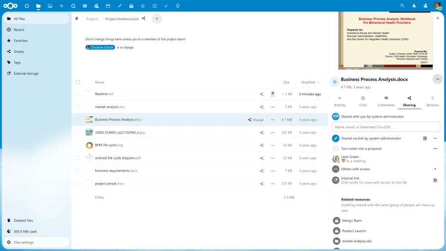 File management interface showing a list of documents, including "Business Process Analysis.docx," with sharing options and related resources on the right.