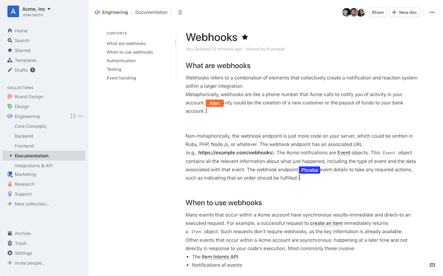 Acme, Inc. documentation page on webhooks, detailing what they are and when to use them, with sidebar navigation.