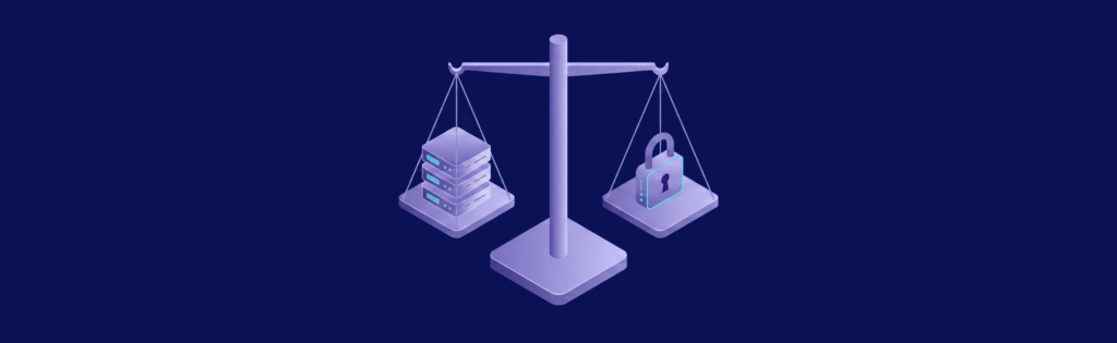 A balanced scale with server stacks on one side and a padlock on the other, symbolizing data security.
