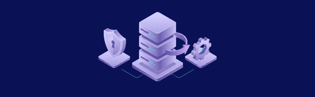Isometric illustration of a server stack with a shield and gear, symbolizing security and system configuration on a dark background.