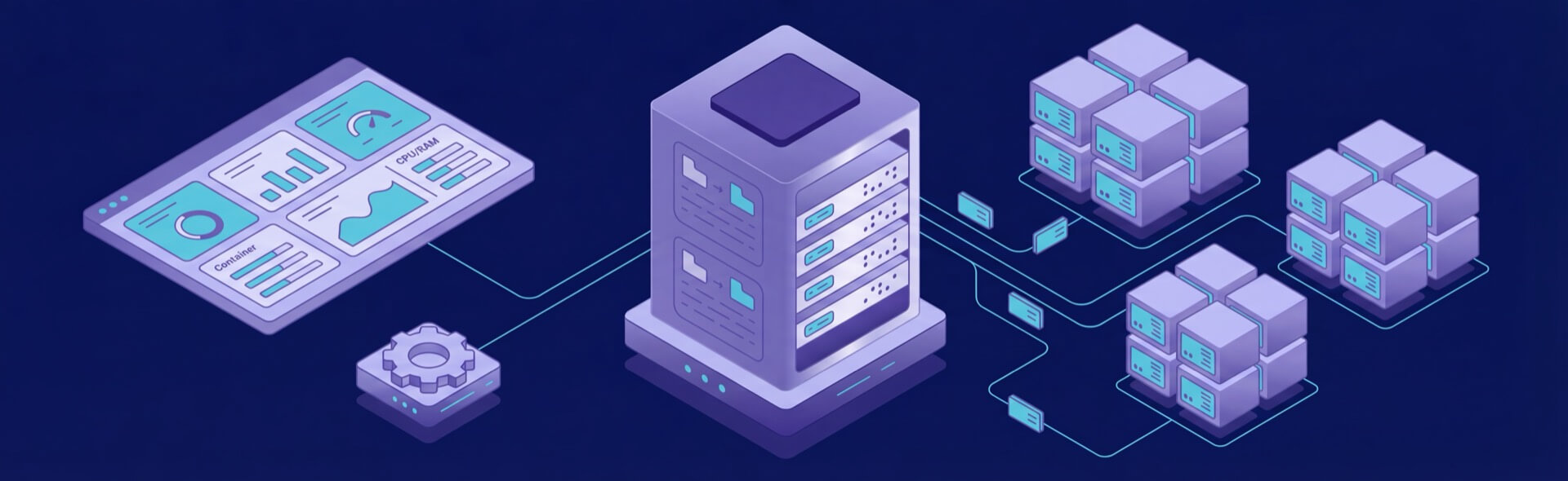 Isometric illustration of a central server connected to multiple databases and a dashboard, representing data management and analysis.