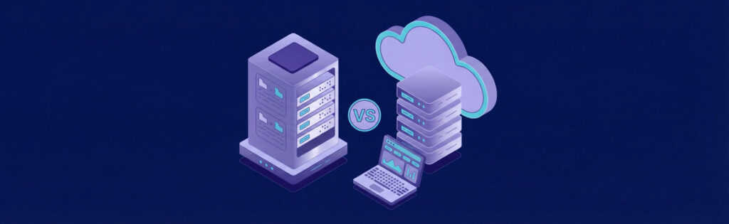 Illustration of a physical server versus cloud server, featuring server stacks, a cloud icon, and a laptop with graphs.