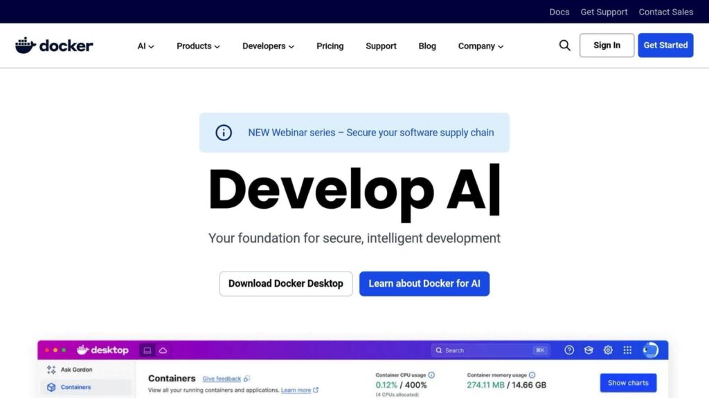 Docker webpage promoting AI development tools with "Develop AI" headline, buttons for downloading Docker Desktop, and learning about Docker for AI.