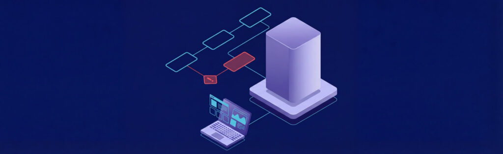 Laptop displaying graphs connected to a tall rectangular structure with flowchart elements on a dark blue background.