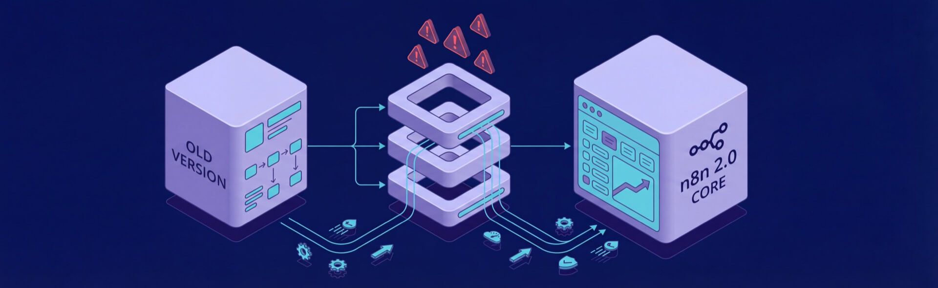 Diagram showing transition from "Old Version" to "n8n 2.0 Core" with interconnected cubes and warning symbols above.