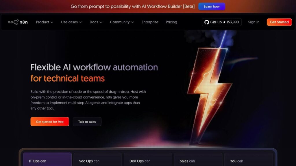 n8n website homepage featuring "Flexible AI workflow automation for technical teams" text, lightning bolt graphic, and navigation menu.
