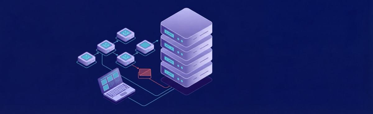 Illustration of a network setup with a laptop, multiple processors, and a stack of servers connected by lines.