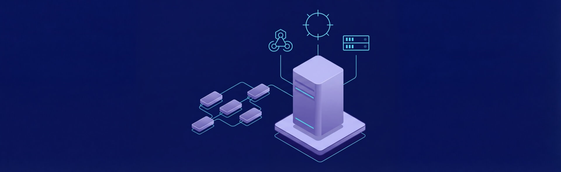 Illustration of a server with connected network nodes, gears, and database icons on a dark blue background.