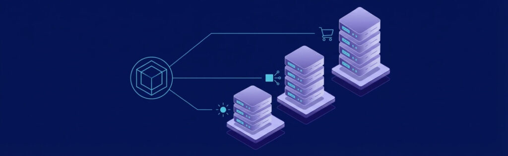 Three stacked server towers connected by lines to icons representing a cube, a shopping cart, and network nodes on a blue background.