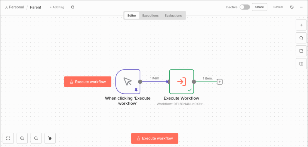 Workflow diagram showing a process triggered by clicking "Execute workflow" button, leading to "Execute Workflow" node.