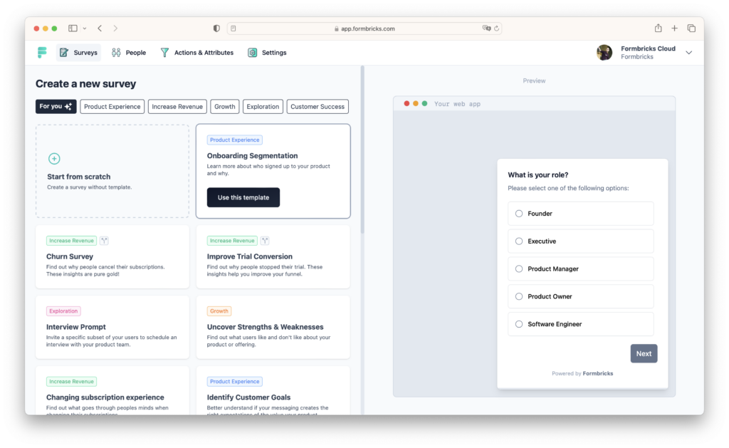 Survey creation interface with options for templates like "Onboarding Segmentation" and a role selection form with choices including "Founder" and "Executive."