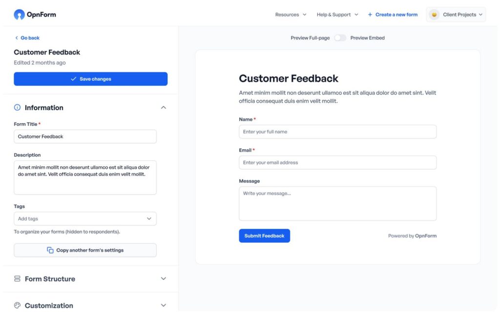 OpnForm interface showing a "Customer Feedback" form with fields for name, email, and message, plus a "Submit Feedback" button.