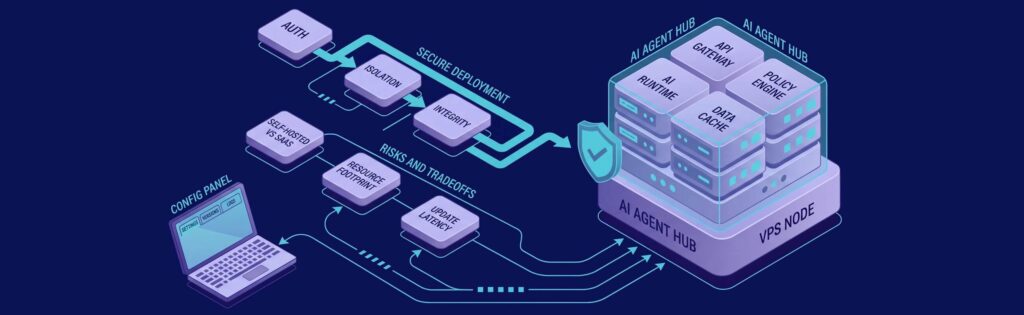 Diagram illustrating a secure deployment system with components: AUTH, ISOLATION, INTEGRITY, AI AGENT HUB, VPS NODE, and CONFIG PANEL.
