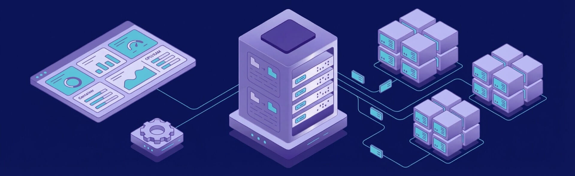 Isometric illustration of a central server connected to data blocks and a dashboard displaying analytics and performance metrics.
