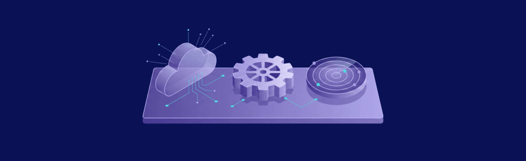 A 3D illustration of a cloud, gear, and radar on a platform, connected by digital lines, on a dark background.