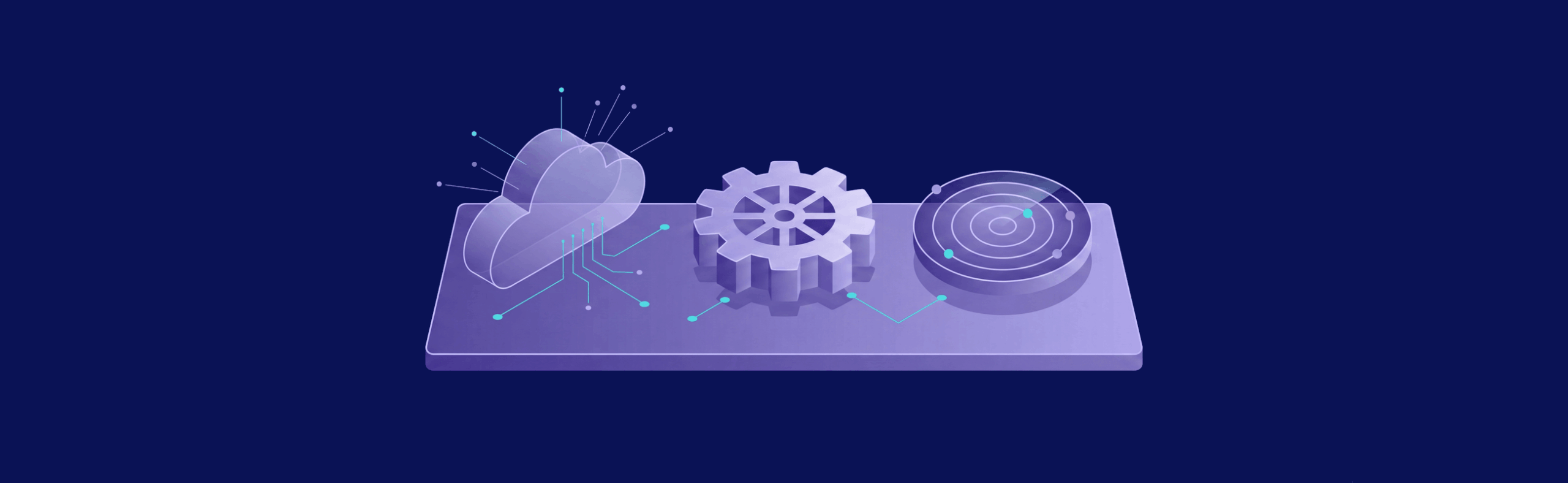 A 3D illustration of a cloud, gear, and radar on a platform, connected by digital lines, on a dark background.