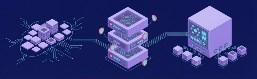 Digital illustration of a cloud network, data servers, and a computer system interconnected by circuit lines on a dark background.