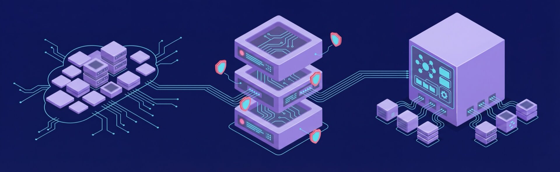 Digital illustration of a cloud network, data servers, and a computer system interconnected by circuit lines on a dark background.