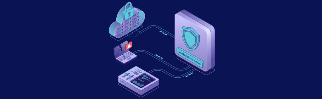 Isometric illustration of cybersecurity elements including a cloud lock, alert on laptop, and shield labeled "MobiBot Risk Enclave."
