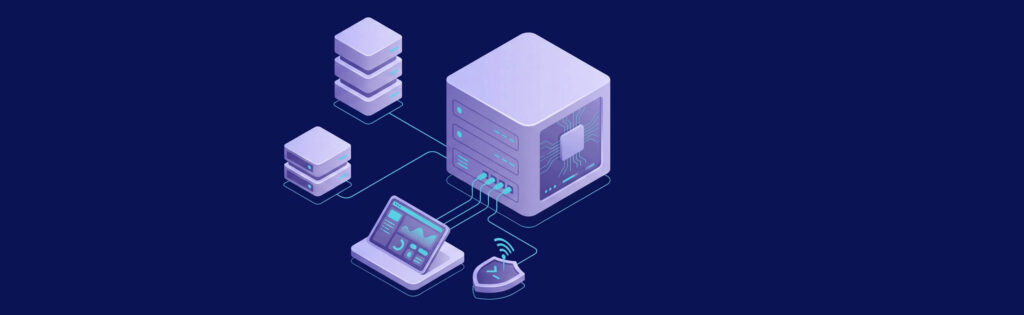Isometric illustration of a data server network with connected devices, including a tablet displaying graphs and a wireless signal.