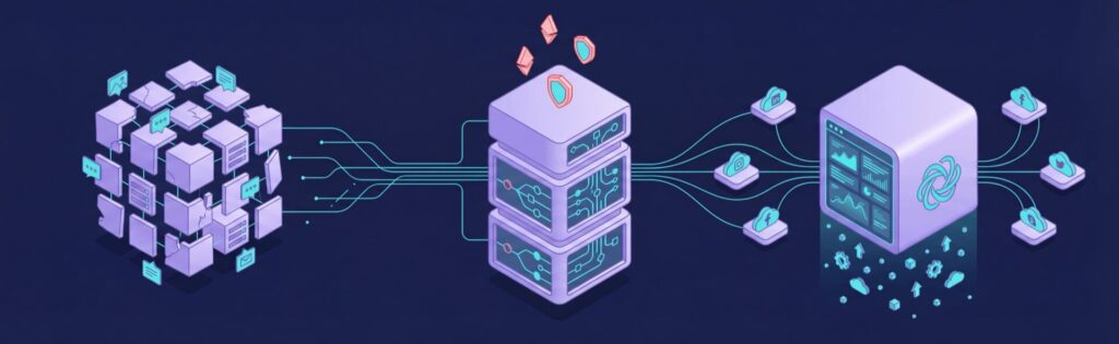 Digital data flow between a cube of files, a central server stack, and a terminal with social media icons.