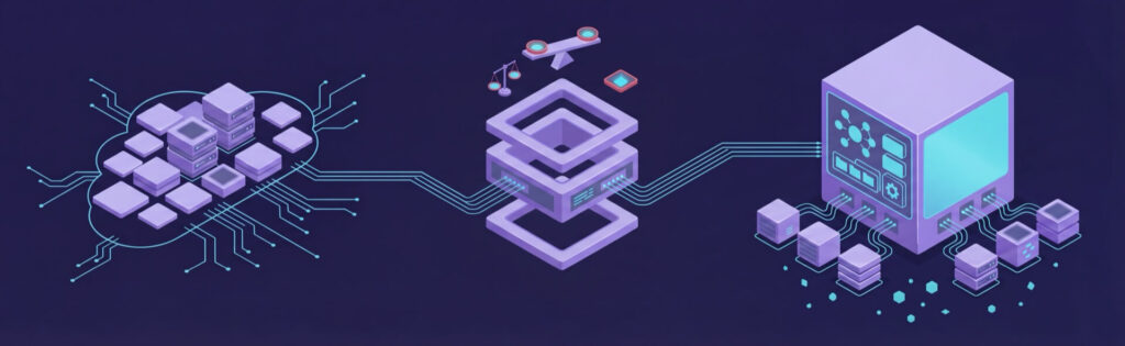 Digital network illustration showing interconnected data blocks, central processing unit, and a server, symbolizing data flow and technology.