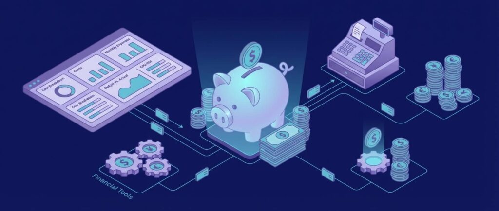 Illustration of financial tools with a piggy bank, cash register, charts, gears, and stacks of coins interconnected by lines.