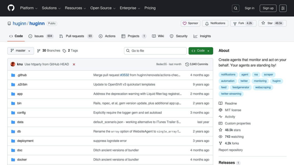 GitHub repository page for "huginn" showing file directory, commit history, and project description with tags like notifications and automation.