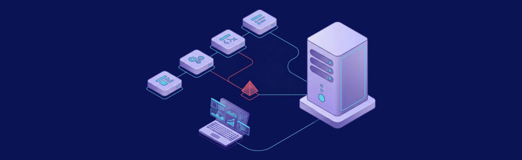 Isometric illustration of a server connected to a laptop and multiple network nodes, depicting data flow and network management.