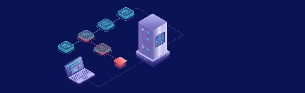 Isometric illustration of a laptop connected to a server through a series of icons representing data processing and analysis.