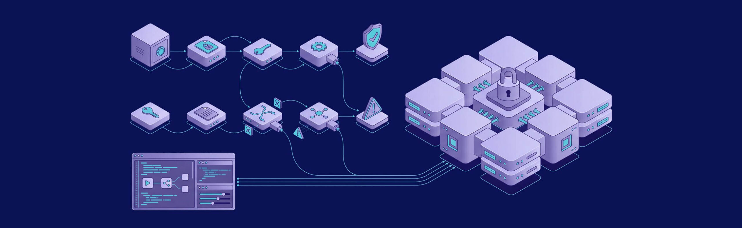 Illustration of a blockchain network with interconnected nodes, data flow, and a central lock symbolizing security on a dark background.