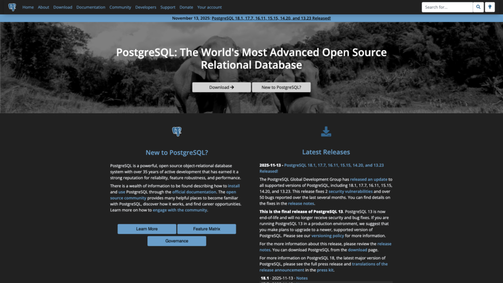 PostgreSQL homepage featuring the tagline "The World's Most Advanced Open Source Relational Database" with download and information links.