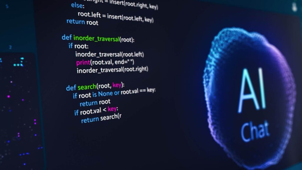 Computer screen displaying Python code for tree traversal and search functions, alongside a digital graphic labeled "AI Chat."