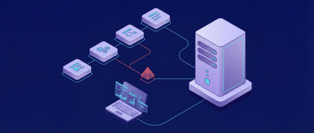 Illustration of a server connected to multiple devices and a laptop displaying data analytics on a dark blue background.