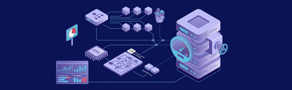 Isometric illustration of a server system with CPU, database, and performance metrics. Includes graphs labeled "Connection pool" and "Queue Depth."