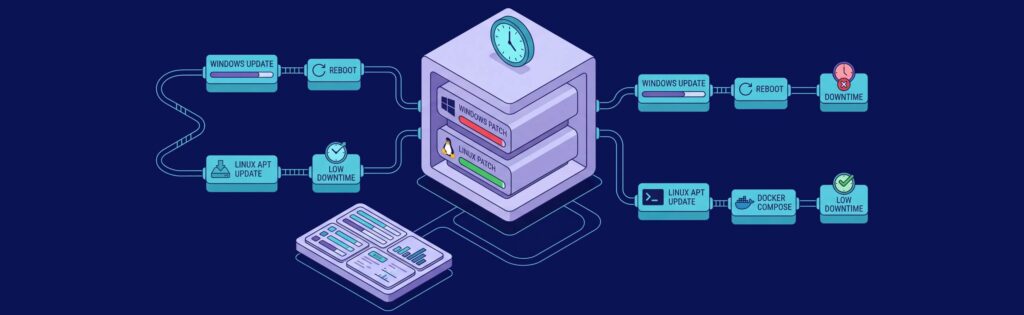 Illustration of a server with update processes: Windows Update, Reboot, Downtime; Linux APT Update, Docker Compose, Low Downtime.