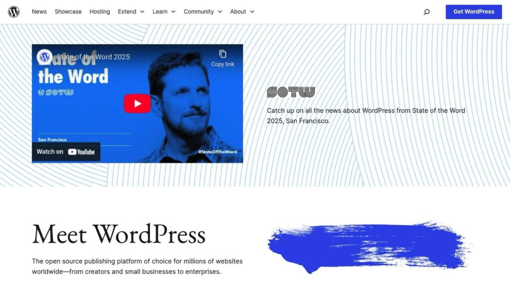 Video thumbnail for "State of the Word 2025" with a blue background and a person, promoting WordPress event in San Francisco.