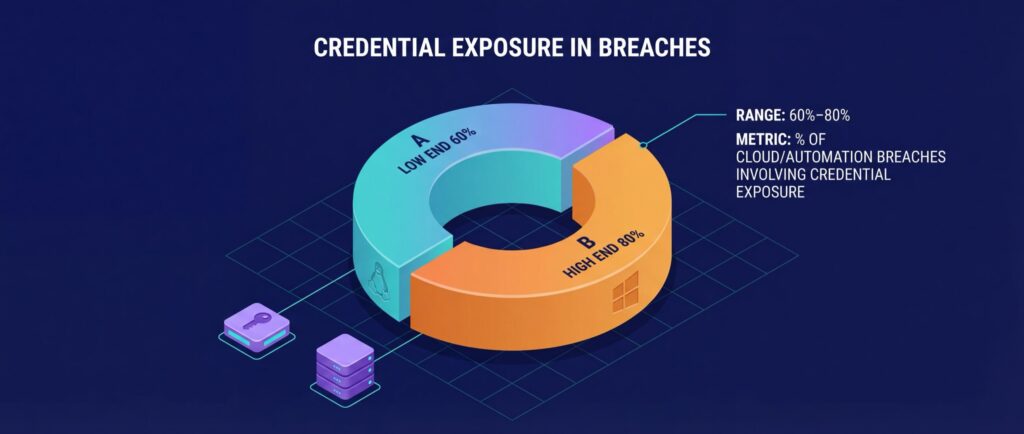 Donut chart titled "Credential Exposure in Breaches" with sections A (Low End 60%) and B (High End 80%). Range: 60%-80%. Metric: % of cloud/automation breaches involving credential exposure.