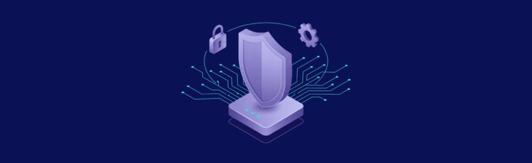 A digital shield with circuit lines, a padlock, and a gear symbolizing cybersecurity on a dark blue background.
