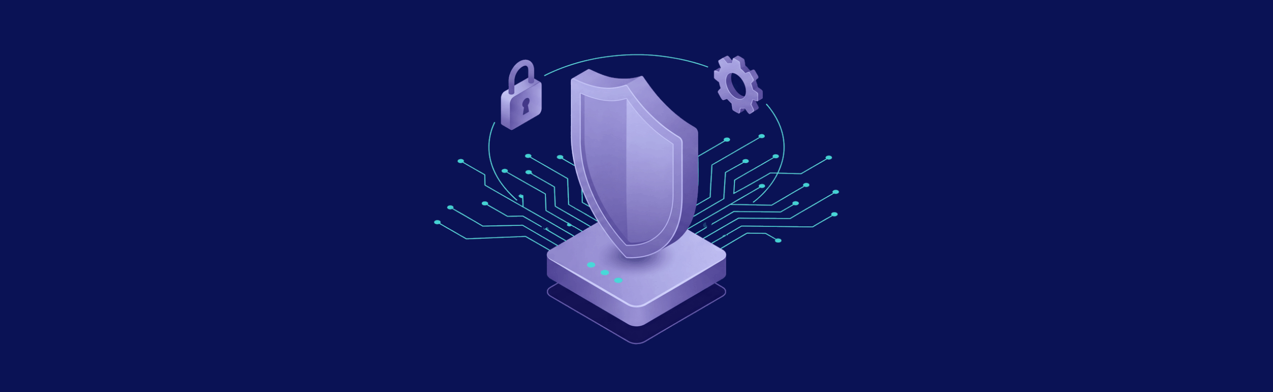 A digital shield with circuit lines, a padlock, and a gear symbolizing cybersecurity on a dark blue background.