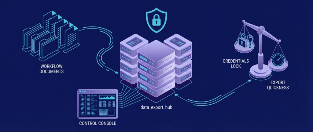 Diagram illustrating data flow from workflow documents and control console to a central data export hub, emphasizing security and speed.