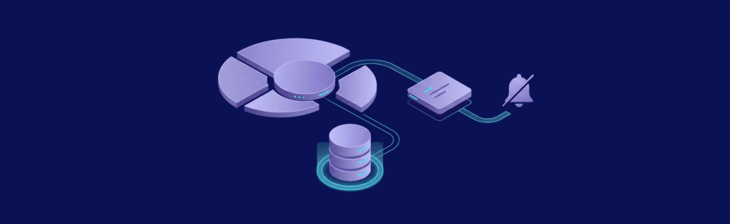 Abstract 3D illustration of a data flow process with circular charts, stacked cylinders, and a muted bell icon on dark background.