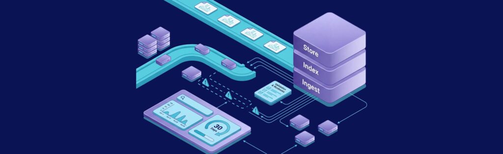 Isometric illustration of a data processing system with labeled stacks: "Store," "Index," "Ingest," and analytics dashboard showing graphs.