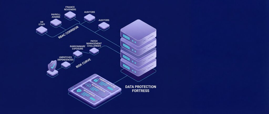 Diagram illustrating data protection with a stack labeled "Data Protection Fortress," showing connections to "RBAC Corridor" and "Risk Curve."