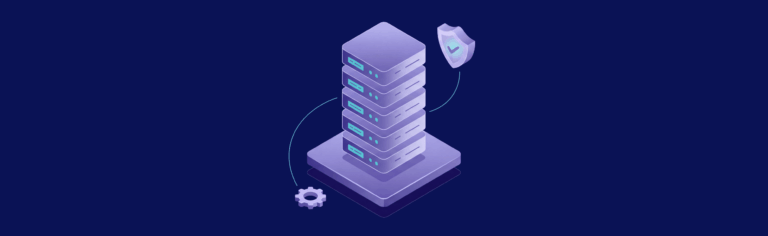 Stack of servers with a shield icon and gear, representing data security and system management on a dark background.