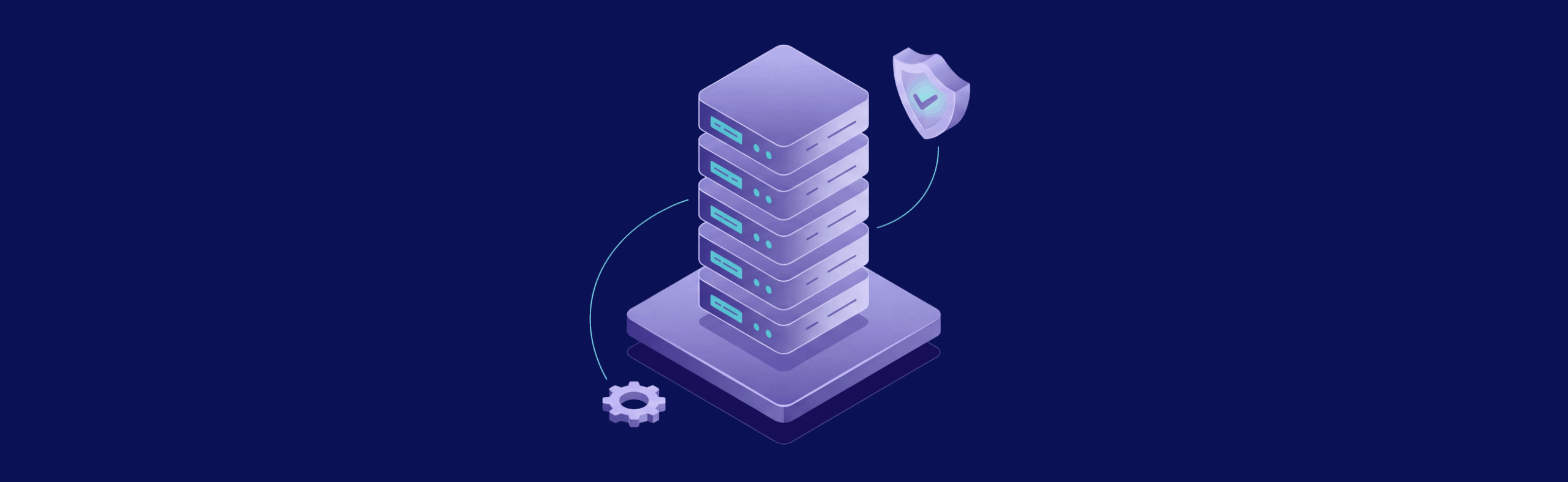 Stack of servers with a shield icon and gear, representing data security and system management on a dark background.